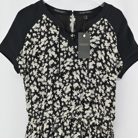 MAISON SCOTCH Dress Womens Size 4 Floral Mini Black Tropical Print Smocked NEW - Picture 3 of 14